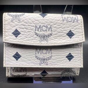 MCM Visetos leather compact wallet in white with a black monogram print. EUC